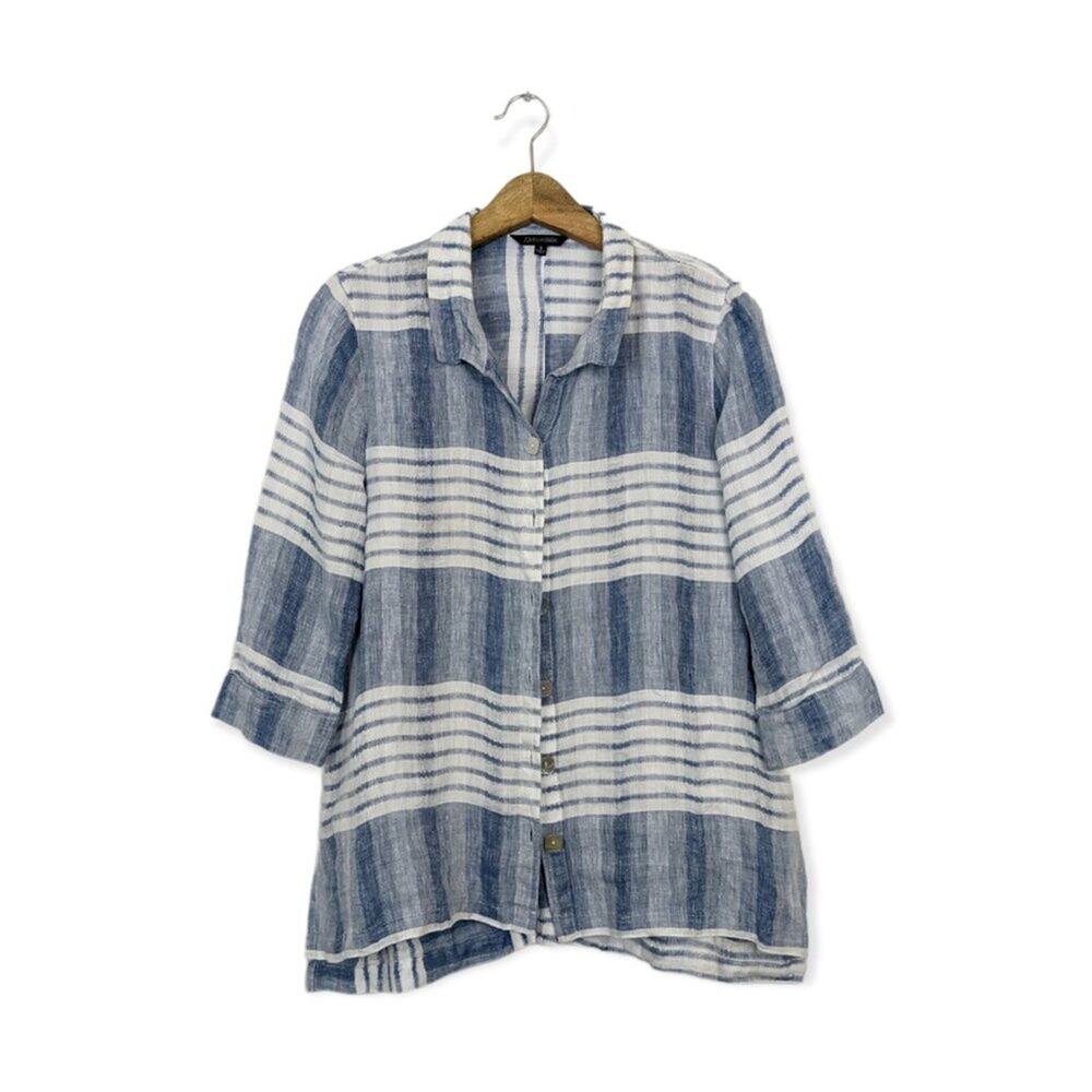 John Mark Blue & White Striped Linen Button Front Tunic Blouse